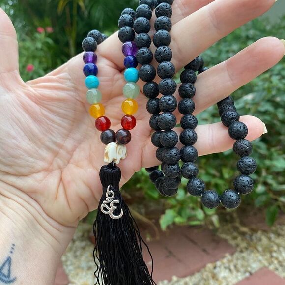 Black Lava Stone Chakra Mala Necklace - Picture 4 of 8